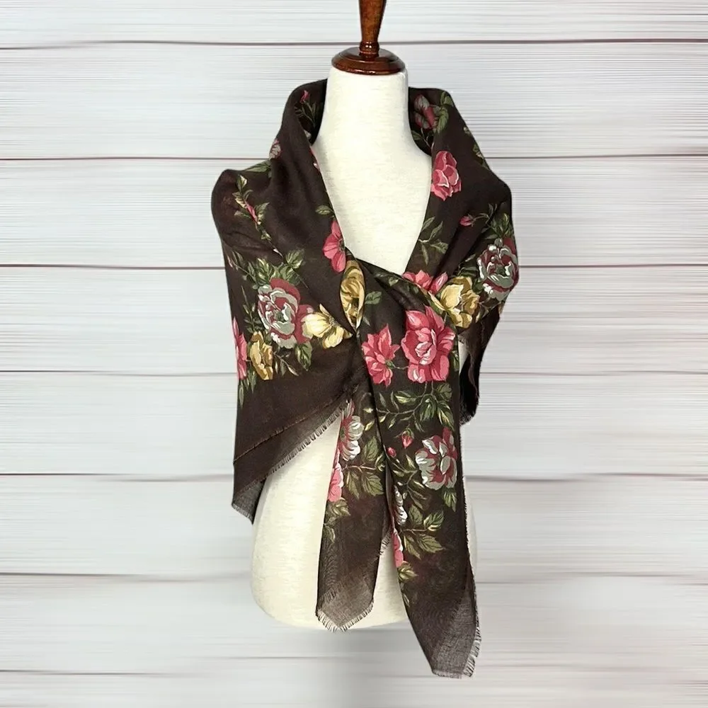 Large Square Brown Floral Roses Scarf Shawl Wrap 46x46